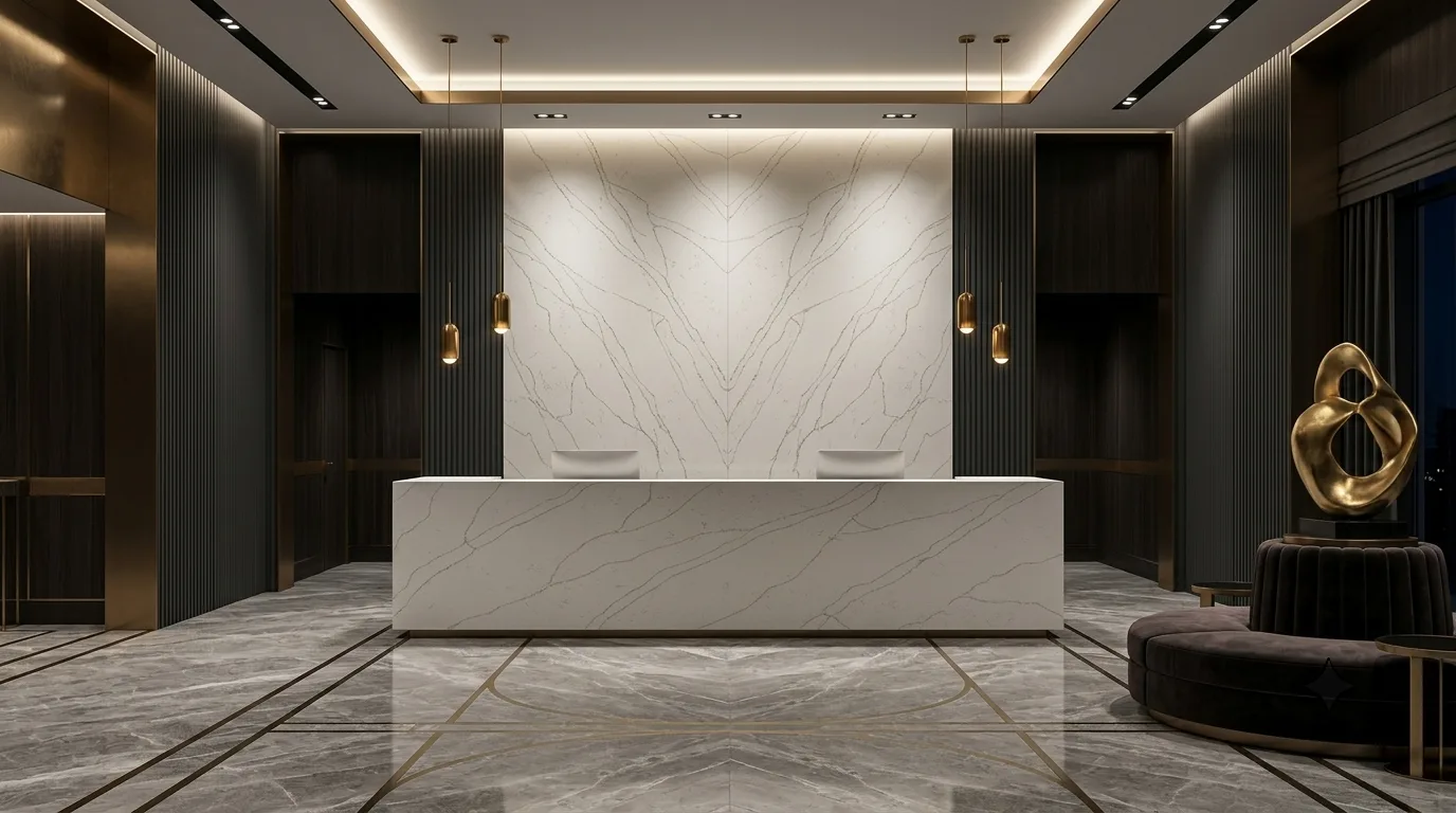 SUNEX quartz reception desk and feature wall in a commercial lobby