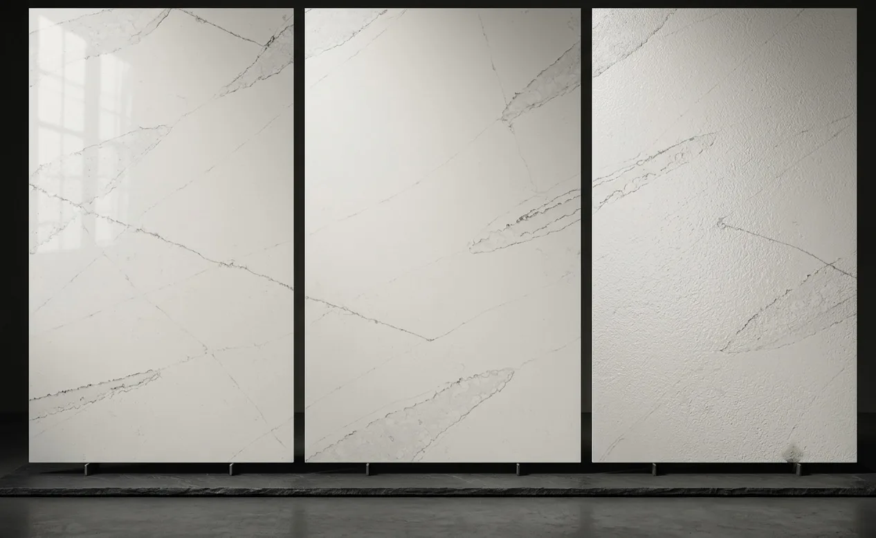 The same SUNEX Calacatta quartz design shown in Polished, Matt and Leather finishes side by side