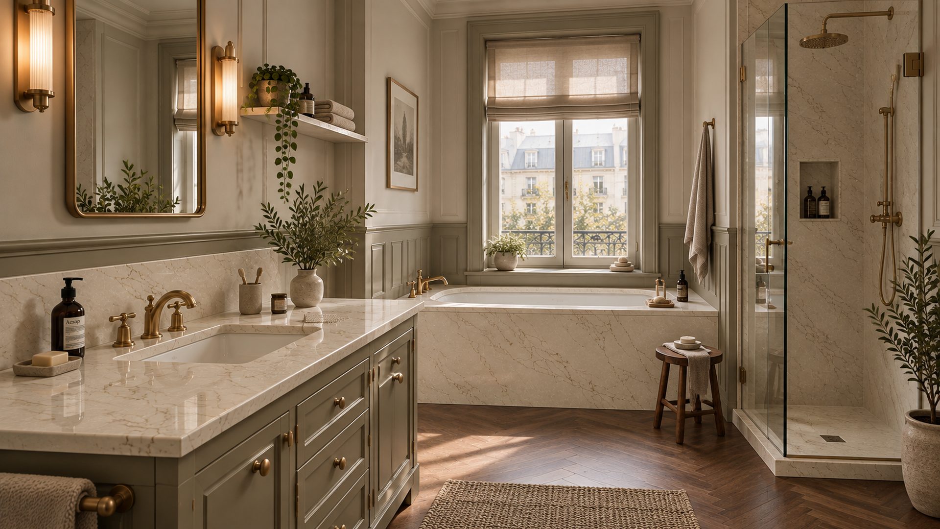 A bathroom with a quartz vanity, bath surround and shower cladding