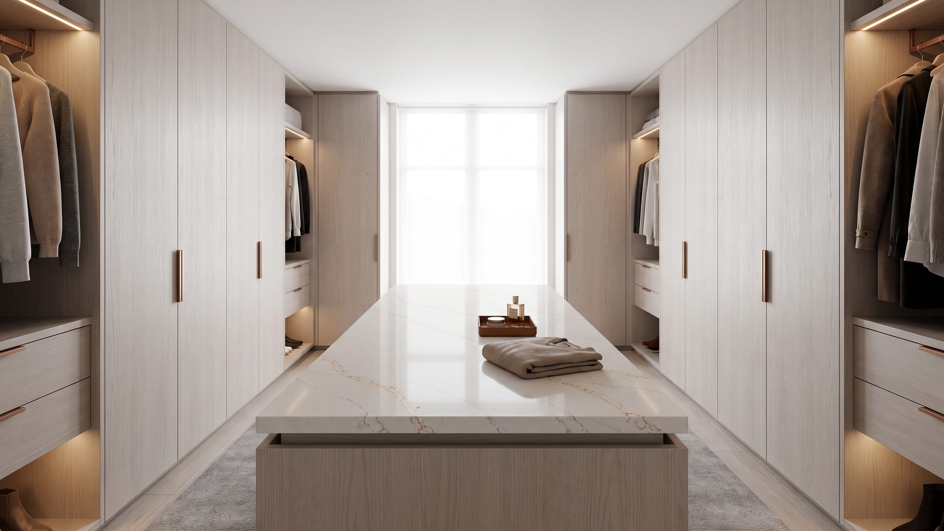 A dressing room with a quartz topped island between fitted joinery