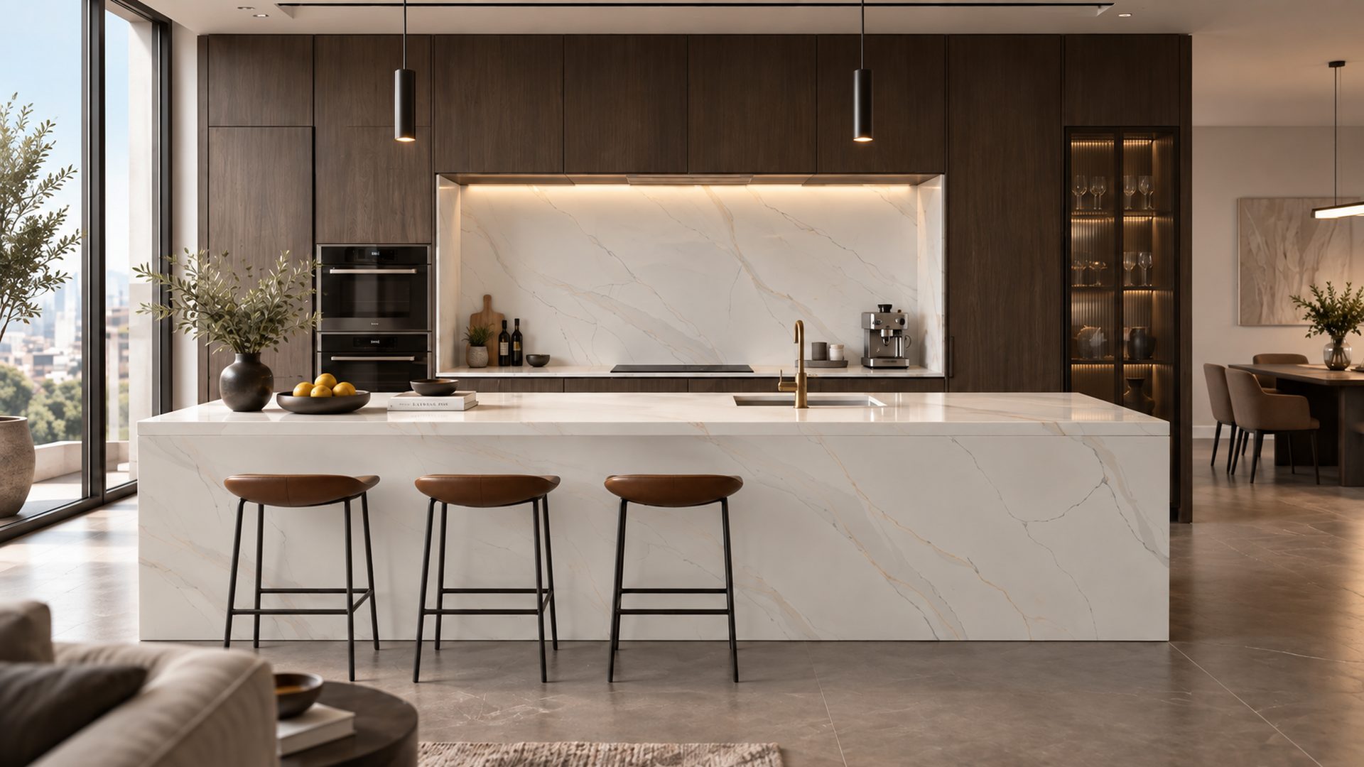 A kitchen island in engineered quartz with a matching full height splashback