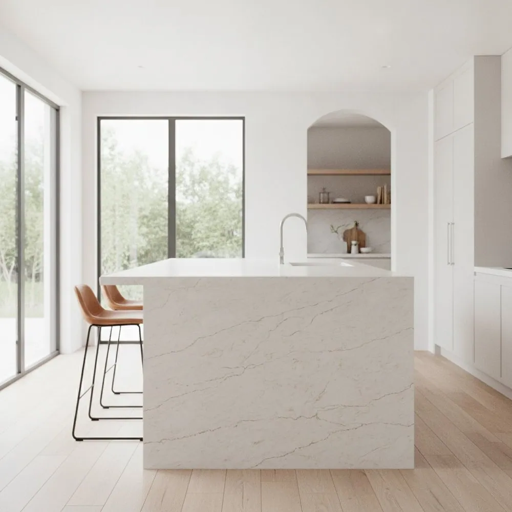 Large SUNEX quartz island with a waterfall edge